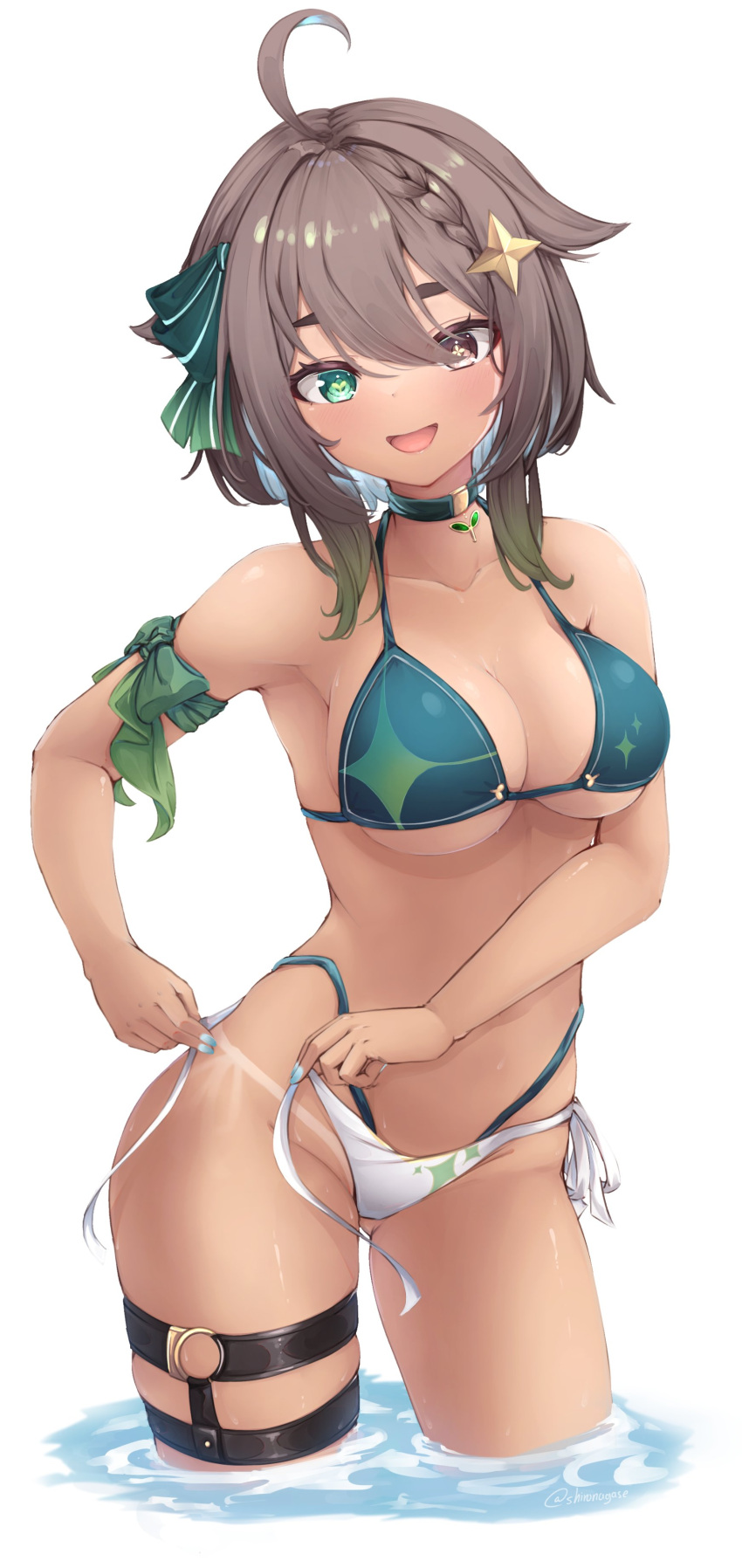 1girls big_breasts bikini blush brown_hair cleavage eternals_(idol_corp) female heterochromia highres idol_corp idol_es indie_virtual_youtuber latam latam_virtual_youtuber looking_at_viewer meica shironagase short_hair simple_background smiling_at_viewer standing_in_water swimsuit tanned tanned_female virtual_youtuber vtuber vtuberfanart water white_background