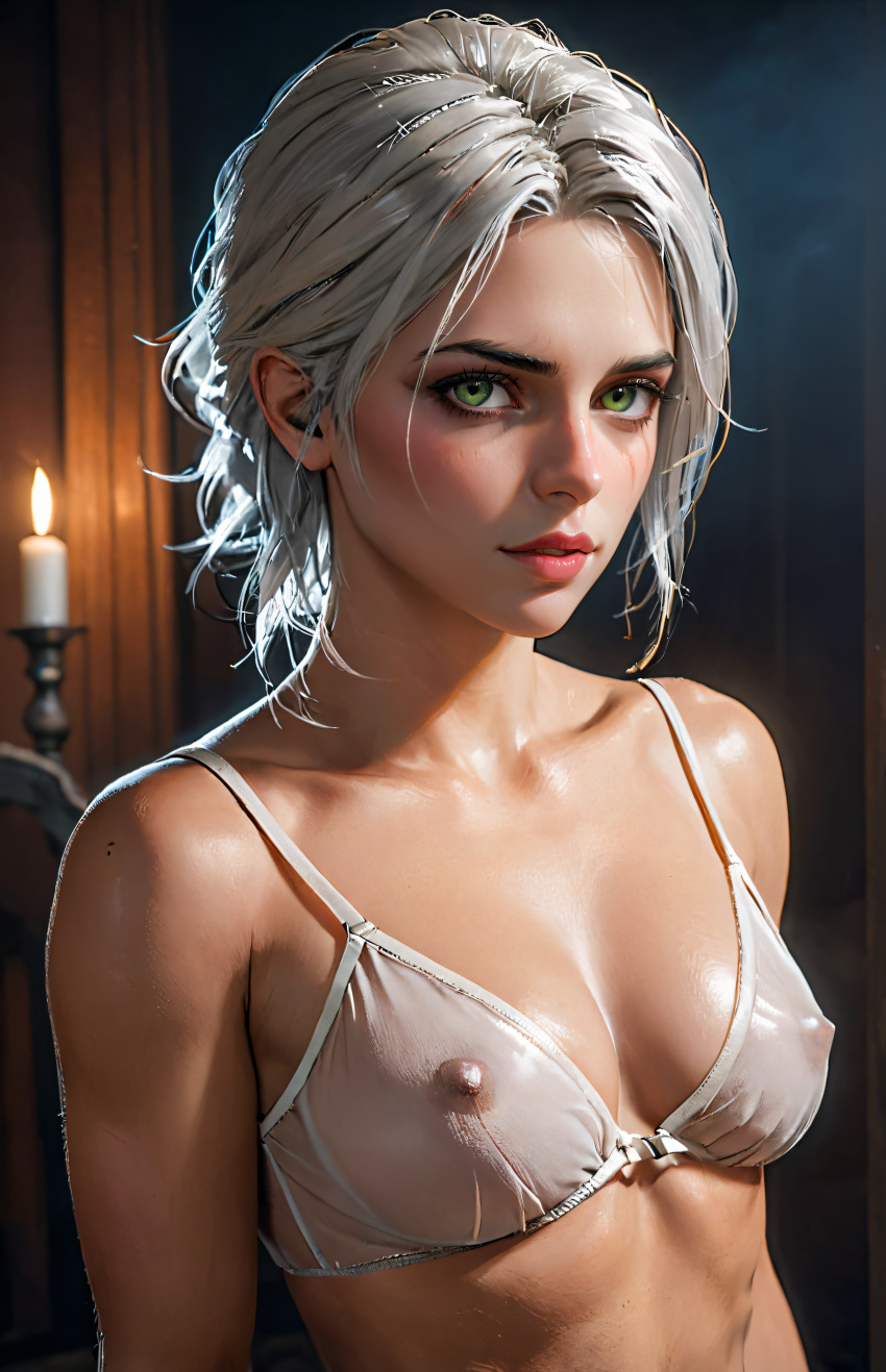 ai_generated cathrynedelamort ciri clothing female green_eyes looking_at_viewer nipples solo the_witcher_(series) the_witcher_3:_wild_hunt translucent_clothing white_hair