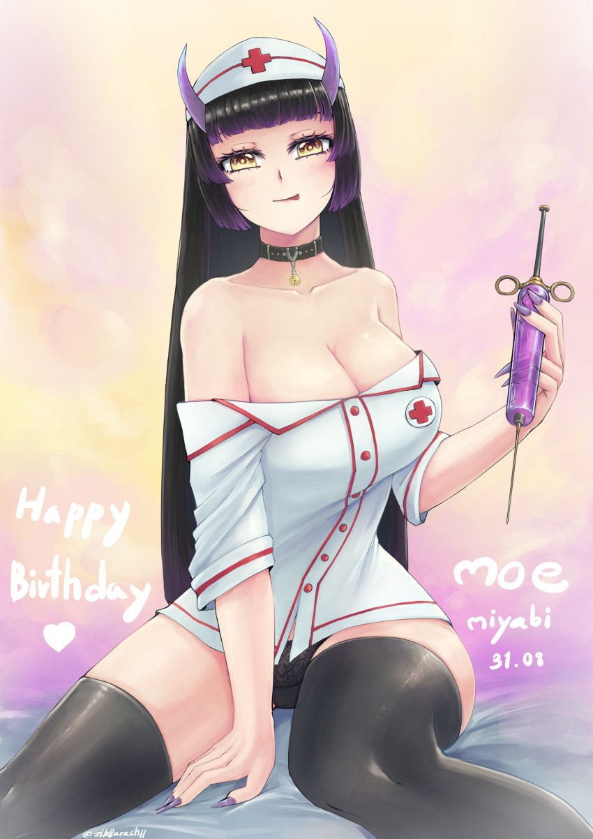 1girls bell bell_collar black_hair blush breasts character_name cleavage clothed clothing dated english_text female female_only happy_birthday hat heart holding_object holding_syringe horns huge_breasts inviting licking_lips light-skinned_female light_skin looking_at_viewer moe_miyabi nurse nurse_cap oni oni_female oni_horns purple_hair purple_nails seductive slight_blush solo text two_tone_hair virtual_youtuber virtual_zeven yellow_eyes zhobarachii