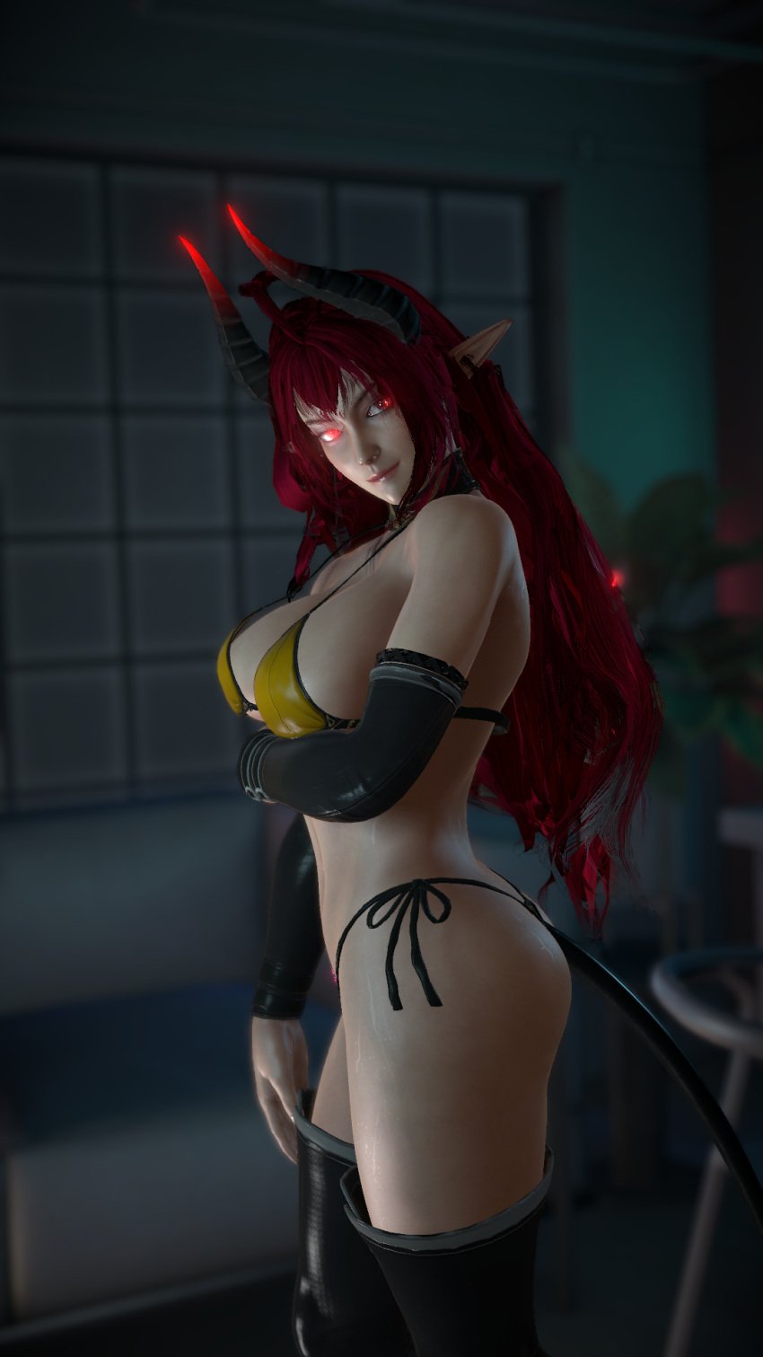 1girls 3d bikini bra demon demon_girl demon_horns demon_tail demoness giannanora_ glowing_eyes horns indoors light-skinned_female light_skin looking_at_viewer original_character panties pointy_ears red_eyes red_hair sinia standing succubus succubus_horns succubus_tail tail yellow_bra yellow_panties