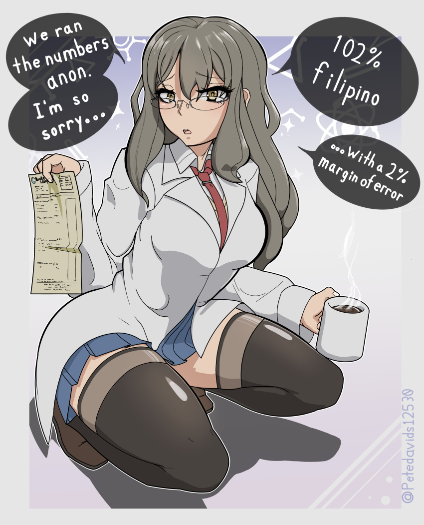 1girls anon blue_skirt brown_eyes condescending english_text female female_only filipino fully_clothed futaba_rio glasses gray_hair human insulting_viewer joke_art lab_coat labcoat leggings making_fun_of megane meme mug petedavids12530 pleated_skirt pyrosinical school_uniform schoolgirl scientist seishun_buta_yarou_wa_bunny_girl_senpai_no_yume_wo_minai skirt solo steam stockings text thighhighs thighs thighs_apart tie