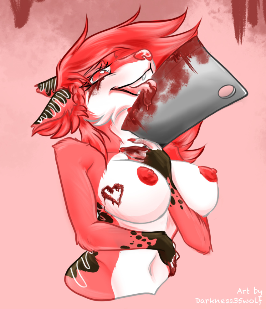 anthro blood bodily_fluids braided_hair breast_squish breasts candy canid canine canis chocolate claws cleaver_(weapon) darkness35wolf dessert digital_drawing_(artwork) digital_media_(artwork) dripping female fluffy fluffy_ears food fur hair hi_res mammal melee_weapon messy nails neck_tuft nipples shaded skinny snout soft_shading solo squish strawberry_(darkness35wolf) tongue tongue_out tuft weapon wolf