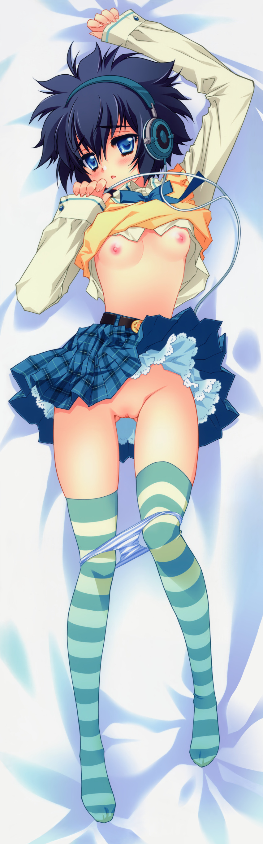 bed black_hair blue_eyes blush breasts carnelian dakimakura female headphones hi_res high_resolution highres long_image nipples panties para-sol pussy scan school_uniform short_hair solo striped striped_legwear striped_panties striped_thighhighs tall_image thighhighs uncensored underwear yatabe_miu