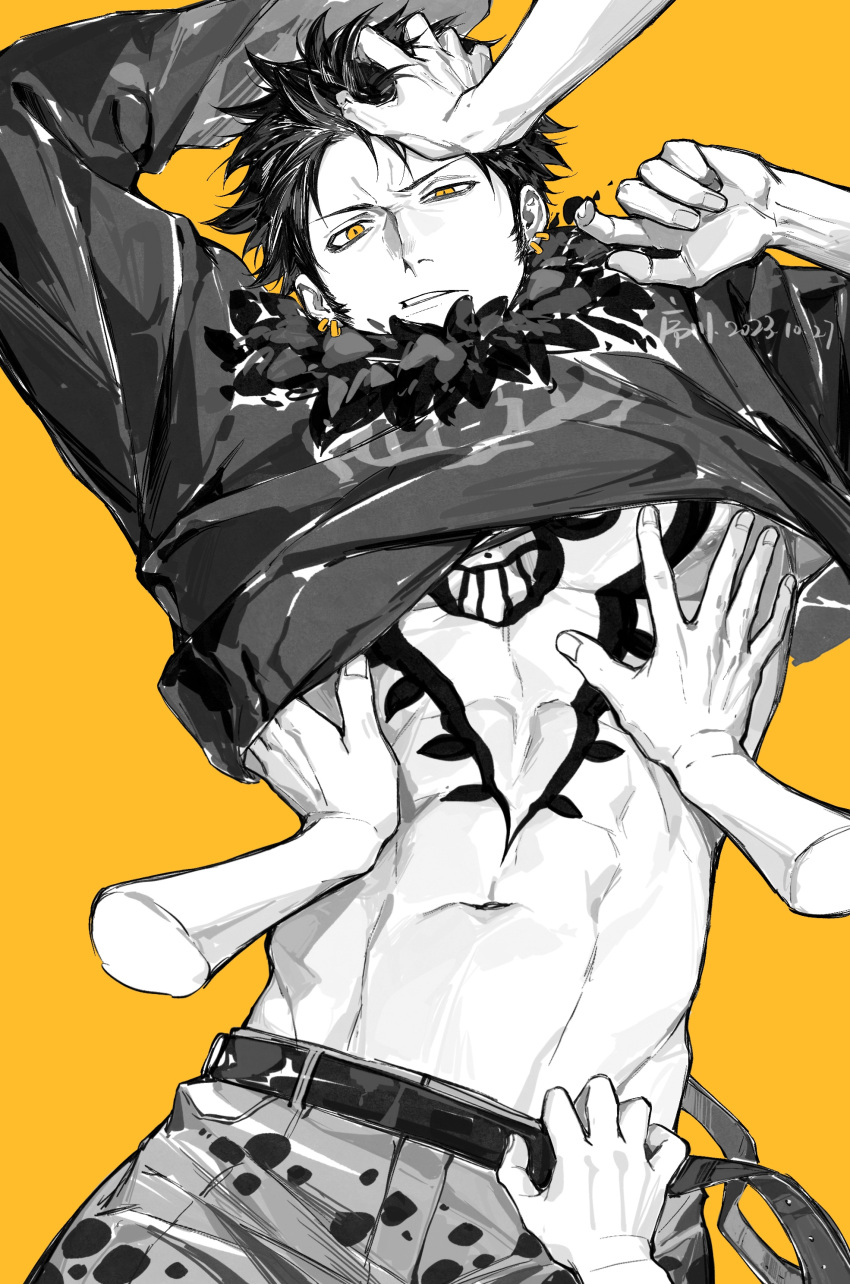 1boy abs chest_tattoo disembodied_hands earrings fur_collar groping head_grab jyukawa looking_at_viewer male male_focus male_only muscular muscular_male one_piece shirt_lift shirt_up solo_focus spot_color tattoo trafalgar_law unbuckled_belt yellow_background yellow_eyes