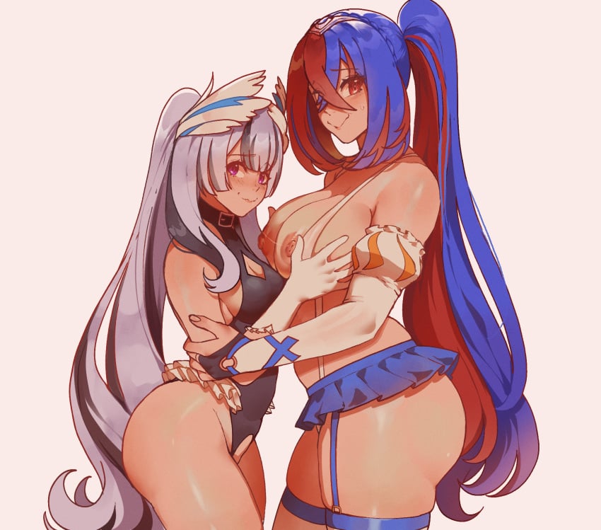 2girls absurdres alear_(female)_(fire_emblem) alear_(fire_emblem) ass bare_shoulders big_ass black_hair blue_eyes blue_hair braid breasts crossed_bangs crotchless crotchless_leotard female female_only fire_emblem fire_emblem_engage frills garter_straps grabbing grabbing_another's_breast grey_hair groping hair_ornament height_difference heterochromia highres incest large_breasts long_hair looking_at_viewer multicolored_hair multiple_girls nervous nervous_smile nintendo nipples official_alternate_hairstyle petite purple_eyes red_eyes red_hair sisters skirt small_breasts smile split-color_hair thiccwithaq thick_thighs thighhighs thighs tiara two-tone_hair uncensored very_long_hair veyle_(fire_emblem) wavy_hair white_hair yuri