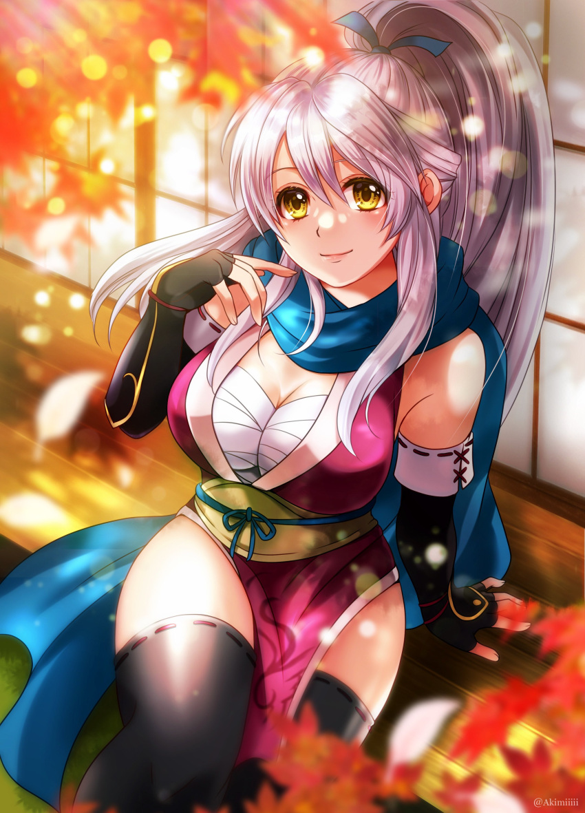 1girls absurdres akimiiiii alternate_costume alternate_hairstyle black_gloves black_thighhighs blue_scarf breasts chest_sarashi cleavage female female female_only fingerless_gloves fire_emblem fire_emblem:_radiant_dawn fire_emblem_heroes gloves highres japanese_clothes long_hair looking_at_viewer medium_breasts micaiah_(fire_emblem) micaiah_(ninja)_(fire_emblem) nintendo official_alternate_costume official_alternate_hairstyle ponytail sarashi scarf sitting smile solo thighhighs thighs white_hair yellow_eyes