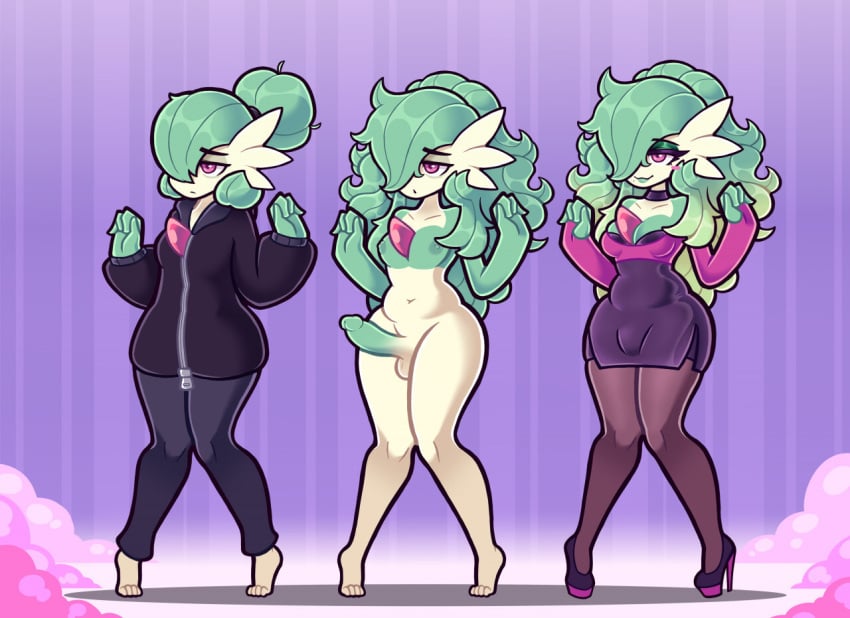 bottomwear bulge clothed clothing crossdressing femboy feminization gardevoir generation_3_pokemon gharug girly green_hair group hair humanoid legwear long_hair lynn_(gharug) makeup male male_gardevoir male_only model_sheet nintendo pantyhose pokemon pokemon_(species) secretary skirt solo