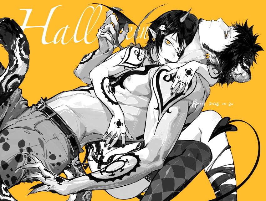 1boy 1girls canon_genderswap chest_tattoo devil_horns dual_persona fangs female genderswap_(mtf) hairclip halloween halloween_costume jyukawa leopard_ears leopard_tail looking_at_viewer male muscular_male one_piece pointy_ears rule_63 selfcest sharp_fingernails short_hair shounen_jump sideburns single_thighhigh slit_pupils spot_color succubus succubus_horns succubus_tail succubus_wings tattooed_arm tattoos topless_male trafalgar_law trafalgar_law_(female) yellow_background yellow_eyes