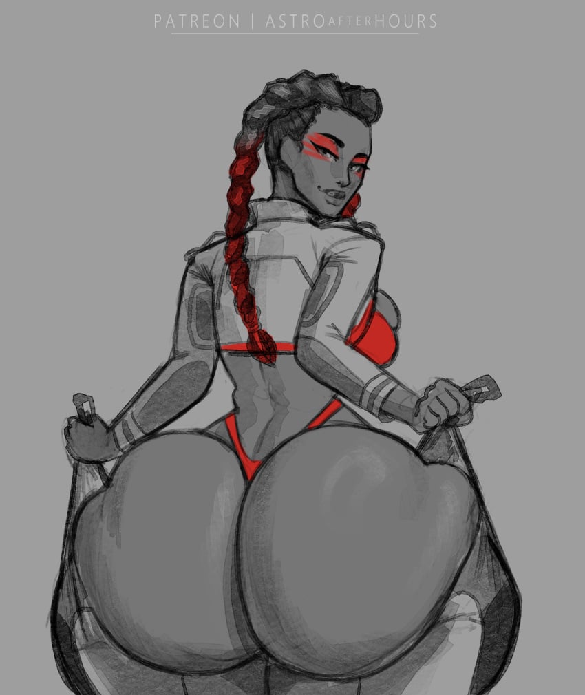 apex_legends ass ass_focus astroafterhours big_ass bottom_heavy huge_ass loba loba_(apex_legends) looking_back presenting_hindquarters red_underwear smile thong