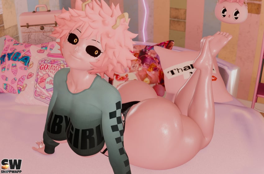 1girls 3d 3d_(artwork) ashido_mina ass black_sclera blender blender_(software) blender_eevee boku_no_hero_academia breasts clothed curvaceous female female_only horns large_ass large_breasts long_sleeves looking_at_viewer massive_ass mina_ashido my_hero_academia on_bed panties pink_hair pink_skin pinup shounen_jump smile snippwapp solo solo_female solo_focus voluptuous