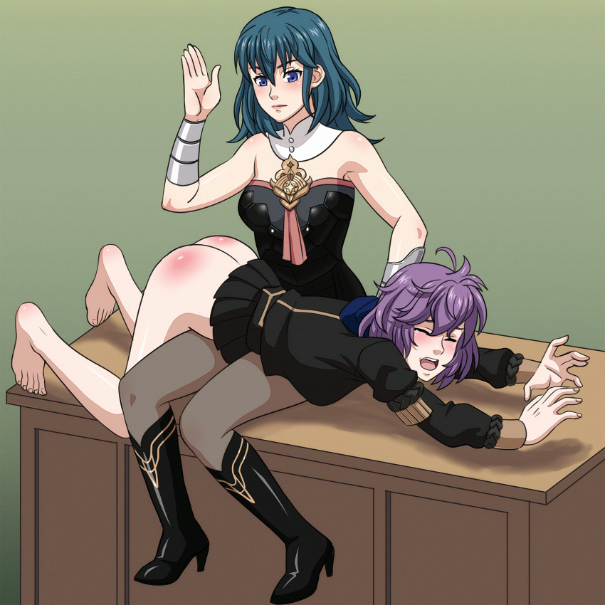 2019 2023 2girls ass bare_ass bent_over bernadetta_von_varley blue_eyes blue_hair boots byleth_(fire_emblem) byleth_(fire_emblem)_(female) female female_only femdom femsub fire_emblem fire_emblem:_three_houses foureiz high_heels highres light-skinned_female light_skin nintendo open_mouth punishment punishment_spanking purple_hair spanking tears