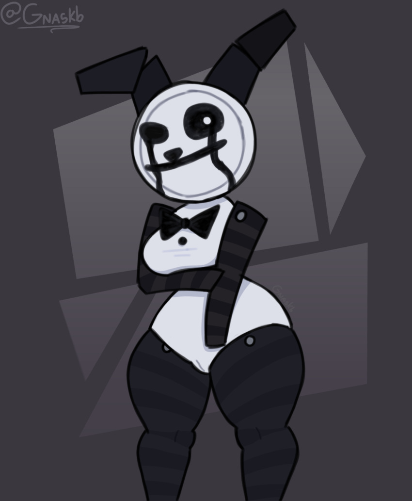 arm_under_breasts armwear big_breasts black_legwear black_tears bow bowtie breasts bunny_ears cameltoe curvy curvy_body curvy_female curvy_figure five_nights_at_freddy's five_nights_at_freddy's_2 gnaskb legwear long_socks paper paper_pals paperpals pattern_legwear plate simple_background smile tears thick_thighs thighhighs thighs white white_skin wide_hips