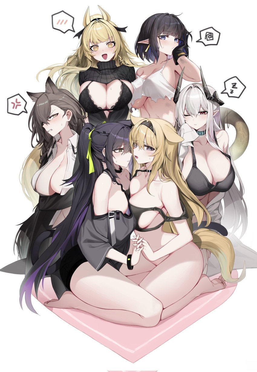 6+girls arknights arm_under_breasts big_breasts big_thighs blemishine_(arknights) blush bra breast_press breast_squeeze breasts breasts_pressed_against_partner breasts_pressed_together busty cat_ears cat_girl cat_tail cleavage curvaceous curvy cute demon_girl demon_horns ears_down eunectes_(arknights) extra_ears female_focus female_only hair_between_eyes hips horn_(arknights) horse_ears horse_girl huge_breasts huge_thighs interlocked_fingers jessica_(arknights) jessica_the_liberated_(arknights) kneeling_on_ground large_breasts large_thighs legs light-skinned_female light_skin long_hair massive_breasts massive_thighs mudrock_(arknights) multiple_girls ness_(pjw0168) penance_(arknights) pointy_ears seductive seductive_look seductive_pose shy simple_background smile snake_girl snake_tail tagme thick thick_legs thick_thighs thighs very_long_hair voluptuous waist wasp_waist white_background wide_hips wide_thighs wolf_ears wolf_girl wolf_tail