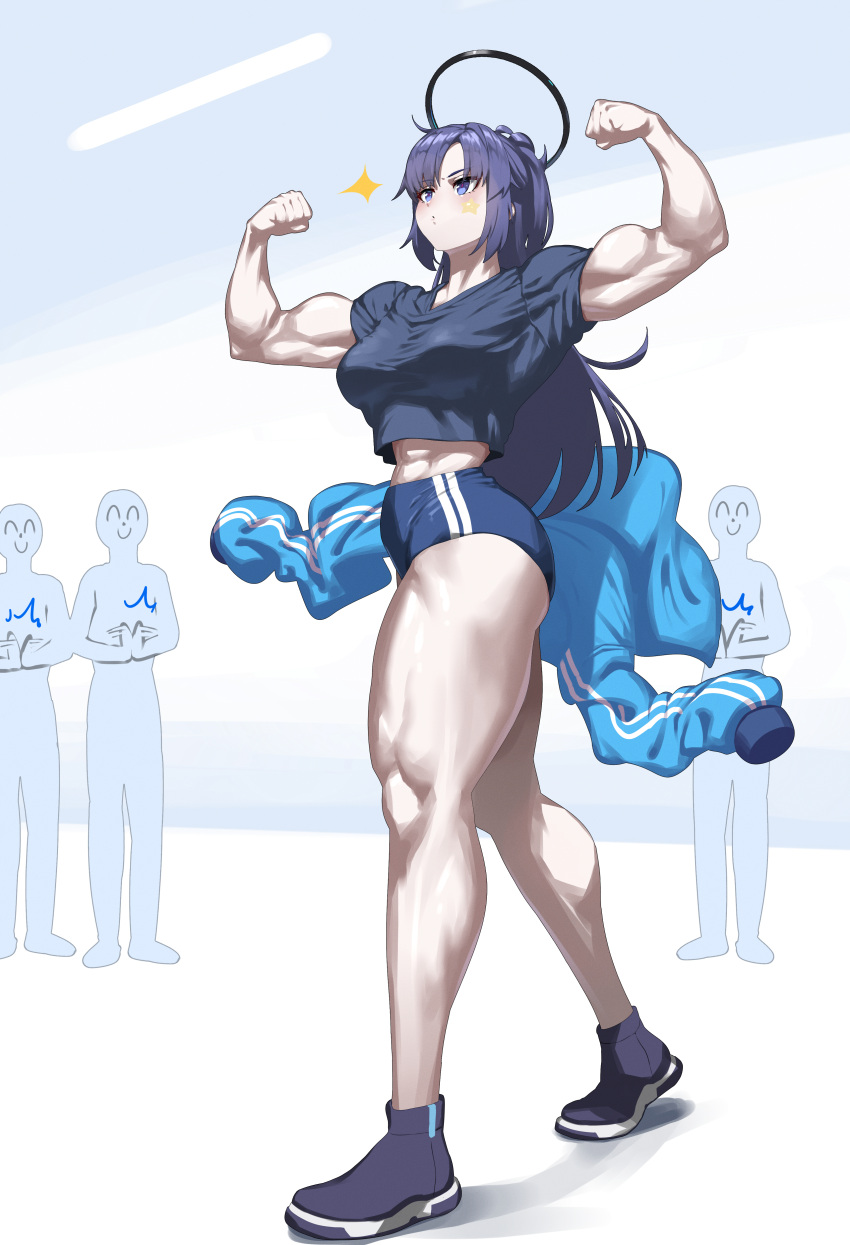 3others abs absurdres biceps blue_archive breasts clapping dark_halo double_biceps_pose female flexing halo highres jacket long_hair medium_breasts midriff millennium_science_school_student multiple_others muscular muscular_female official_alternate_costume purple_eyes purple_hair qtime4_702 shoes shorts smile sneakers sparkle thick_thighs thighs undressing yuuka_(blue_archive) yuuka_(track)_(blue_archive)