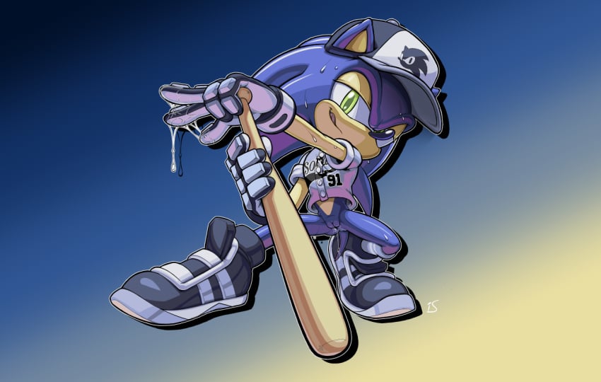 1boy animal_ears animal_nose arm_up artist_name baseball_bat baseball_cap baseball_uniform black_footwear black_headwear blue_background blue_fur blue_hair body_fur bottomless buttons character_name cleft_of_venus closed_mouth clothes_writing commentary cuntboy drop_shadow ears_through_headwear english_commentary english_text full_body furry furry_male gloves gradient_background green_eyes half-closed_eyes hand_on_hilt hand_up happy hat heel_up holding holding_baseball_bat hotred intersex licking_lips logo long_hair looking_at_viewer male_focus official_alternate_costume outline outstretched_arm pussy pussy_juice rockthebull shiny_skin shirt shoes short_sleeves sideways_mouth signature smile solo sonic_(series) sonic_dash sonic_the_hedgehog sportswear spread_legs standing stretching sweat tail thighs tongue tongue_out uncensored white_gloves white_outline white_shirt