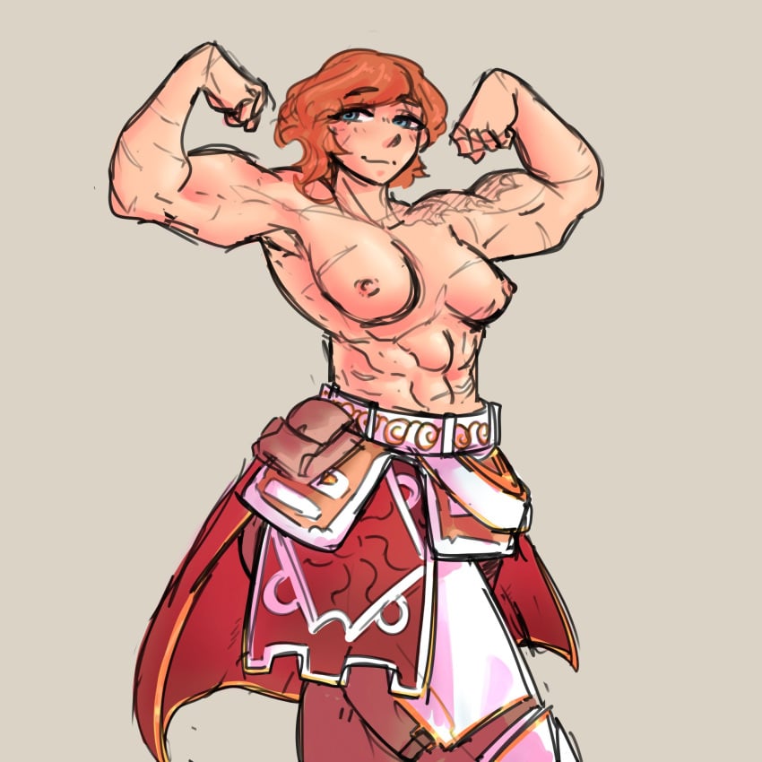 1girl 1girls abs armor armored_boots armored_female belly_button big_breasts bloobie_(artist) blush blushing boobs breasts buff comission female female_only green_eyes muscular muscular_female nipples no_bra oc orange_hair original_character pants pink_nipples pose short_hair smug smug_face tomboy white_body white_skin