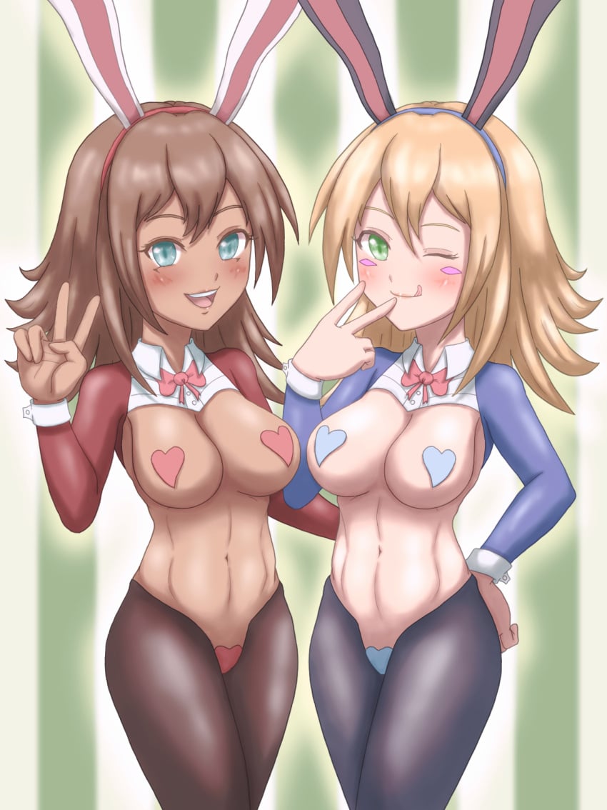 2girls bunny_ears bunnysuit dark_magician_girl duel_monster forest130361 mana_(yu-gi-oh!) pasties reverse_bunnysuit winking_at_viewer yu-gi-oh! yu-gi-oh!_duel_monsters