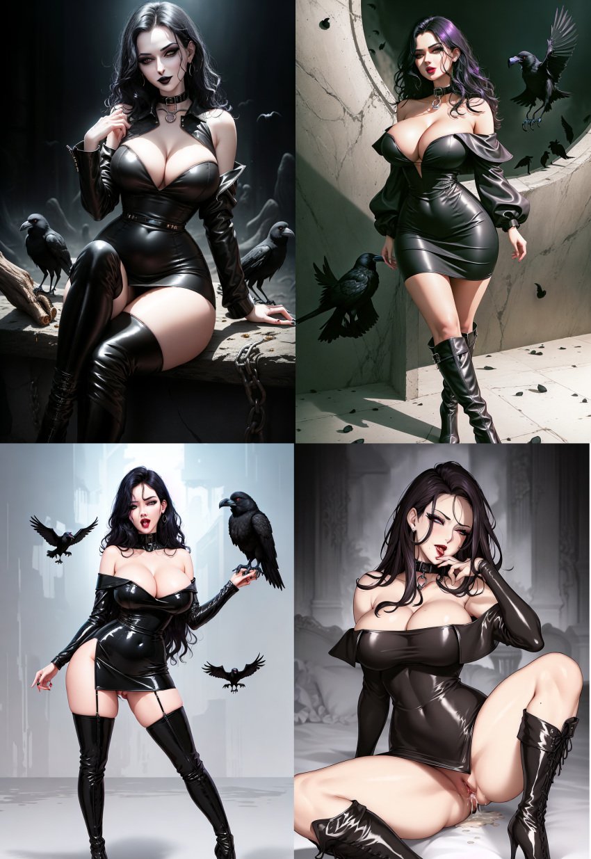 1girls ai_generated black_clothing black_dress black_hair breasts collage female goth goth_girl gothic heeled_boots looking_at_viewer multiple_images open_legs playstation pussy raven_(twisted_metal) shadow_(twisted_metal) tagme twisted_metal twisted_metal:_black