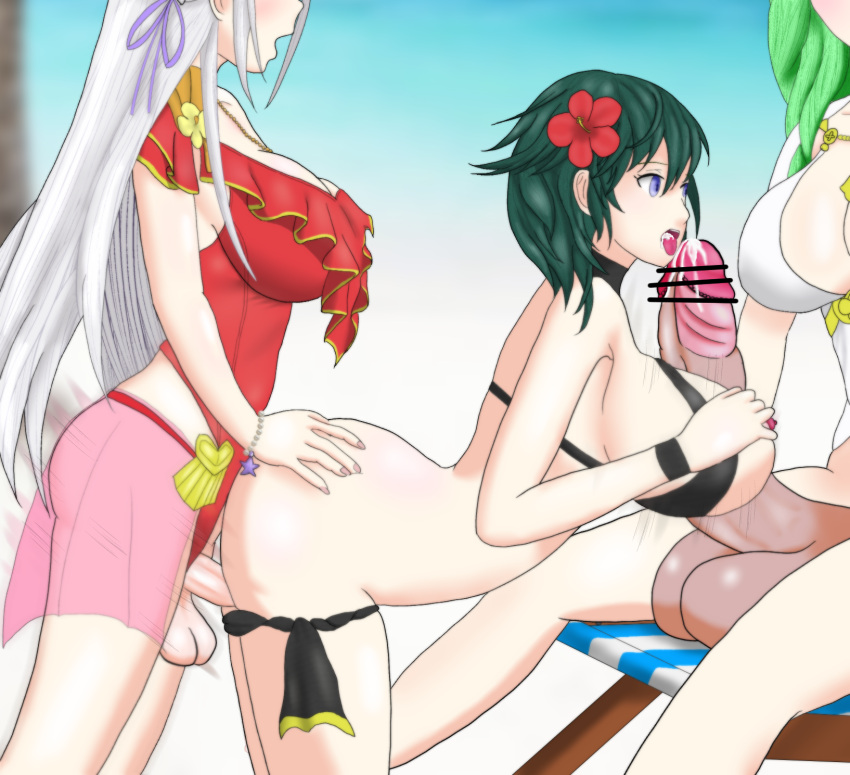 1girls 2022 2futas alternate_costume ambiguous_penetration balls bent_over big_balls big_breasts bikini black_bikini black_swimsuit blue_eyes blue_hair breasts byleth_(female)_(summer)_(fire_emblem) byleth_(fire_emblem) byleth_(fire_emblem)_(female) censored clothed clothing cum cum_in_mouth dark_penis edelgard_von_hresvelg edelgard_von_hresvelg_(summer) ejaculation erection eyes_out_of_frame female fire_emblem fire_emblem:_three_houses fire_emblem_heroes flower_in_hair foreskin futa_on_female futanari green_hair huge_cock human humping light-skinned_futanari light_skin long_hair mostly_nude movement_lines naku nintendo official_alternate_costume open_mouth paizuri penis red_one-piece_swimsuit red_swimsuit rhea_(fire_emblem) rhea_(summer)_(fire_emblem) sagging_balls short_hair sitting sitting_on_chair smaller_futanari smaller_penetrating spitroast swimsuit titjob white_bikini white_hair white_swimsuit