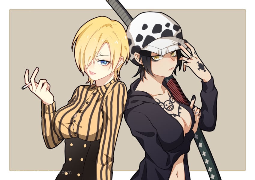 2girls big_breasts black_hair black_nails blonde_hair blue_eyes breast_tattoo breasts canon_genderswap cigarette coat curly_eyebrows female female_only female_trafalgar_law genderswap_(mtf) hand_tattoo hat holding holding_cigarette holding_sword holding_weapon koshikun large_breasts long_sleeves looking_at_viewer multiple_girls no_bra one_piece rule_63 shiku_shiku_no_mi shirt shounen_jump sword tattoo trafalgar_law trafalgar_law_(female) vinsmoke_sanji weapon yellow_eyes