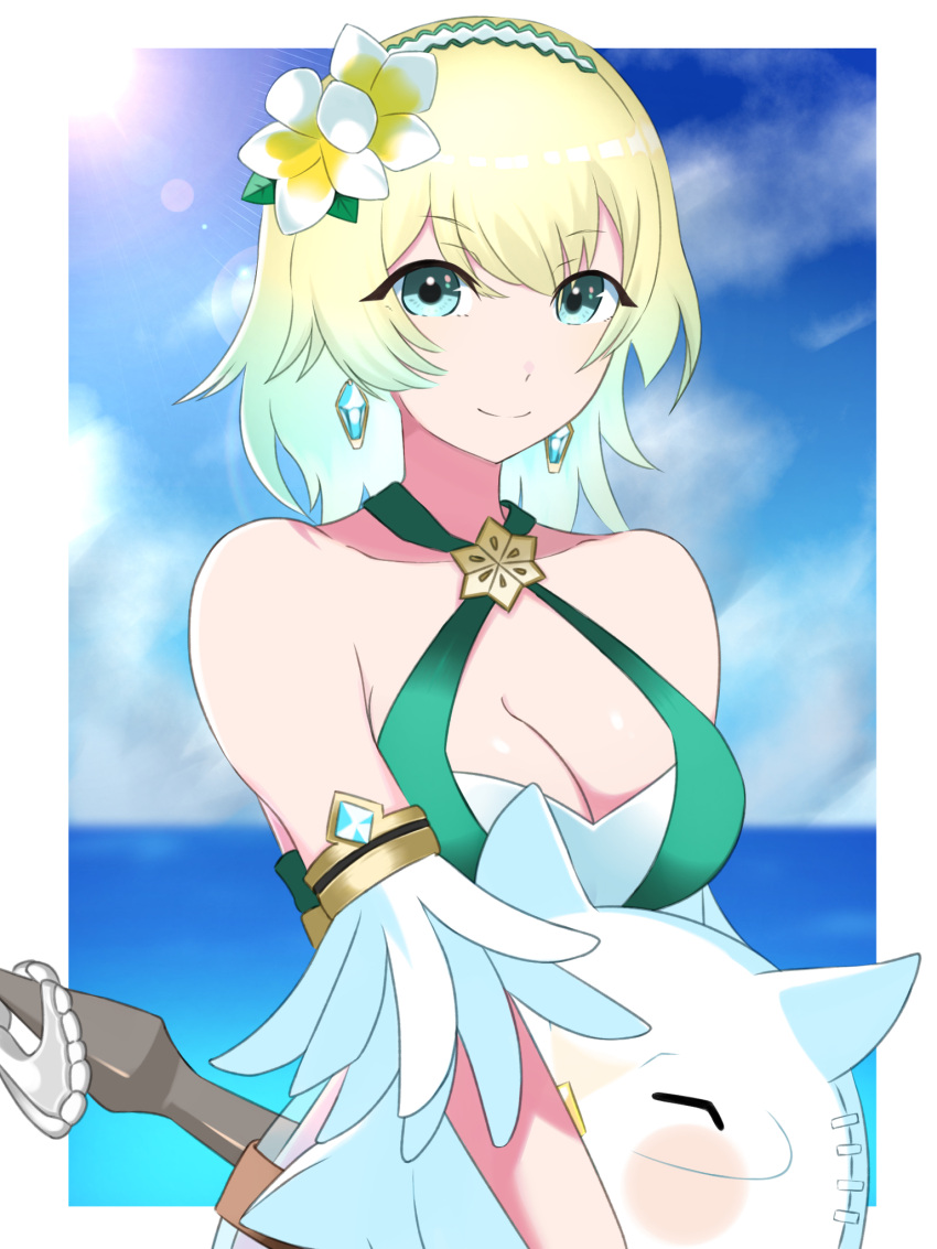 1girls bare_shoulders bikini blonde_hair blue_eyes breasts cleavage commentary earrings female female female_only fire_emblem fire_emblem_heroes fjorm_(fire_emblem) fjorm_(summer)_(fire_emblem) flower green_bikini hair_flower hair_ornament highres jewelry looking_at_viewer medium_breasts nintendo official_alternate_costume ondur short_hair smile solo swimsuit upper_body