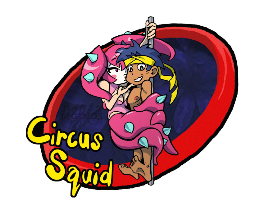 bolo chibi circus_squid clothed_sex clown femdom highres legendsnjk monster_girl sex shantae spikes straight stripper_pole suspension tentacle twintails