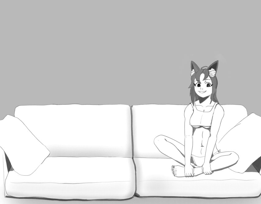 1girls animal_ears bare_legs barefoot breasts couch crossed_legs female female_only gigabit greyscale grin legs long_hair looking_at_viewer medium_breasts monochrome nail_polish on_couch original panties pillow piper_perri_surrounded sitting smile solo tank_top underboob underwear