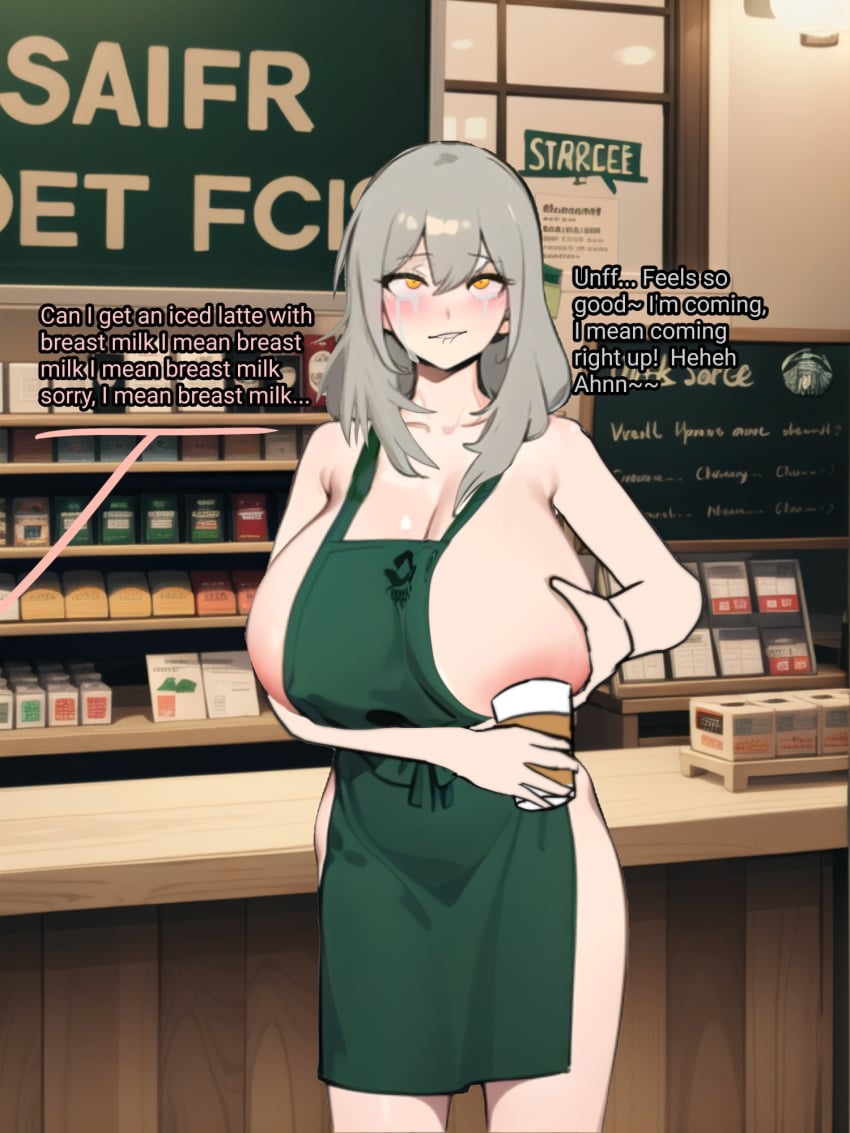 ai_generated_background apron apron_only artist_request barista biting_lip biting_own_lip breast_expansion breast_squeeze employee employee_uniform golden_eyes grey_hair honkai:_star_rail hoyoverse huge_breasts iced_latte_with_breast_milk lactation mihoyo naked_apron sideboob starbucks stelle_(honkai:_star_rail) tears