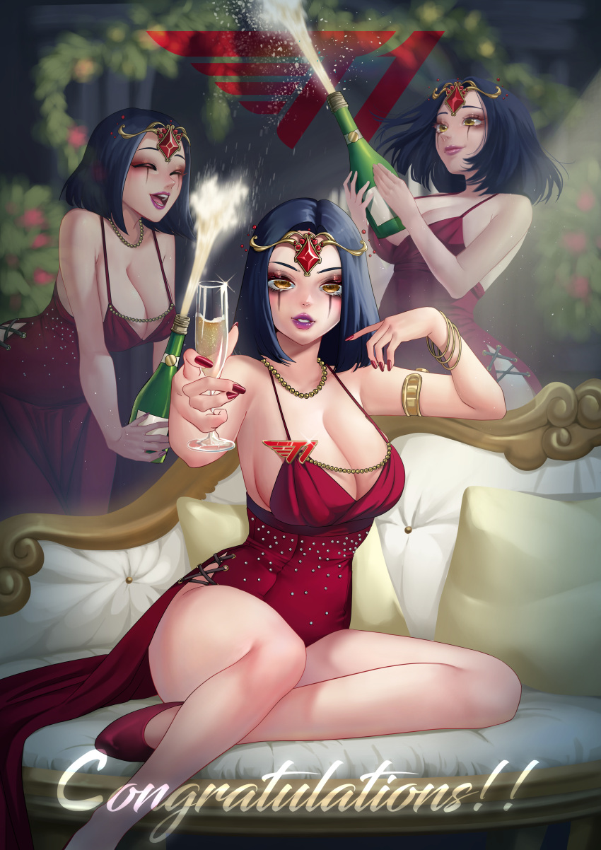 3girls cleavage dress league_of_legends leblanc lillica multiple_girls