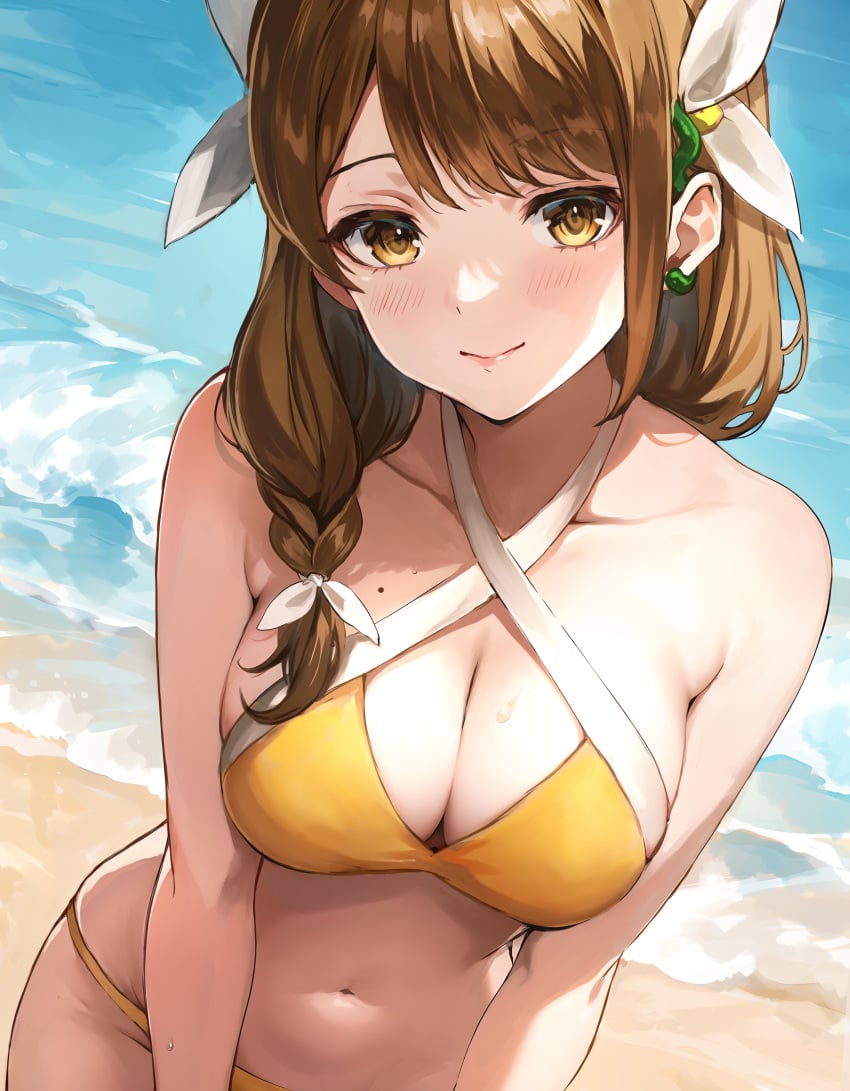 1girls absurdres alternate_costume armpit_crease beach bikini blush braid breasts brown_hair cleavage commentary curvy dot_nose female female female_only fire_emblem fire_emblem_engage flower goldmary_(fire_emblem) hair_flower hair_ornament hair_ribbon highres jurge large_breasts light_smile looking_at_viewer mole mole_on_breast navel nintendo ocean outdoors ribbon side_braid side_ponytail solo swimsuit water yellow_bikini yellow_eyes yellow_swimsuit