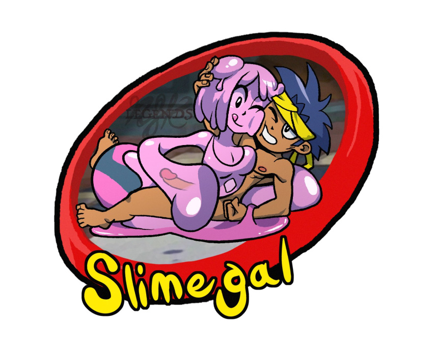 adorable bolo bound bound_wrists chibi cowgirl_position cute femdom hair_bun handjob highres legendsnjk lying monster_girl nude on_back shantae slime_girl slimegal sticky straight wholesome