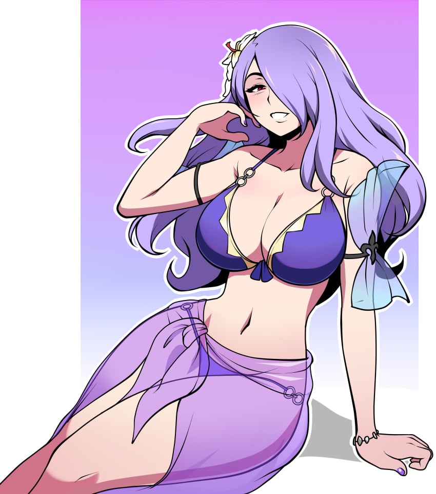 1girls absurdres alternate_costume bikini bracelet breasts camilla_(fire_emblem) camilla_(summer)_(fire_emblem) cleavage collarbone commentary_request cowboy_shot curvy female female female_only fire_emblem fire_emblem_fates fire_emblem_heroes flower hair_flower hair_ornament hair_over_one_eye hand_on_own_chin highres jam-orbital jewelry large_breasts long_hair looking_at_viewer nail_polish navel nintendo o-ring o-ring_bikini o-ring_bottom official_alternate_costume pink_eyes purple_background purple_hair purple_nails purple_sarong purple_swimsuit sarong see-through_sarong sitting smile solo swimsuit wavy_hair