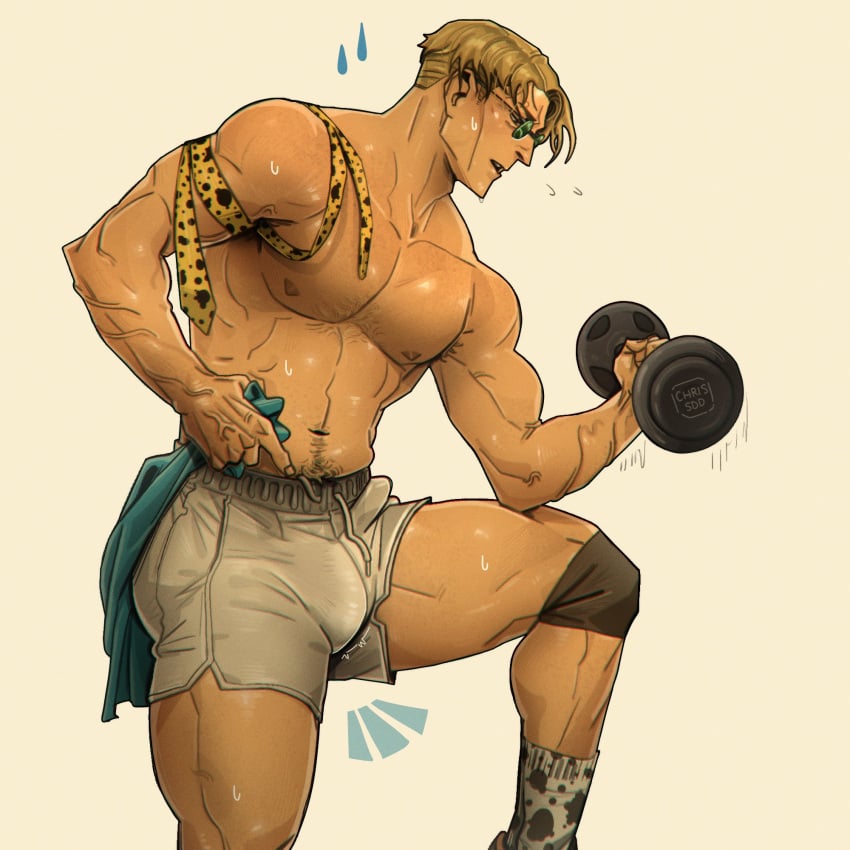 1boy 2023 bara bara_tits barazoku blonde_hair blush bulge chris_sdd clothing gay hairy_male jujutsu_kaisen kento_nanami male male_focus male_nipples male_only manly muscular_male nipples solo solo_male sweat sweating yaoi