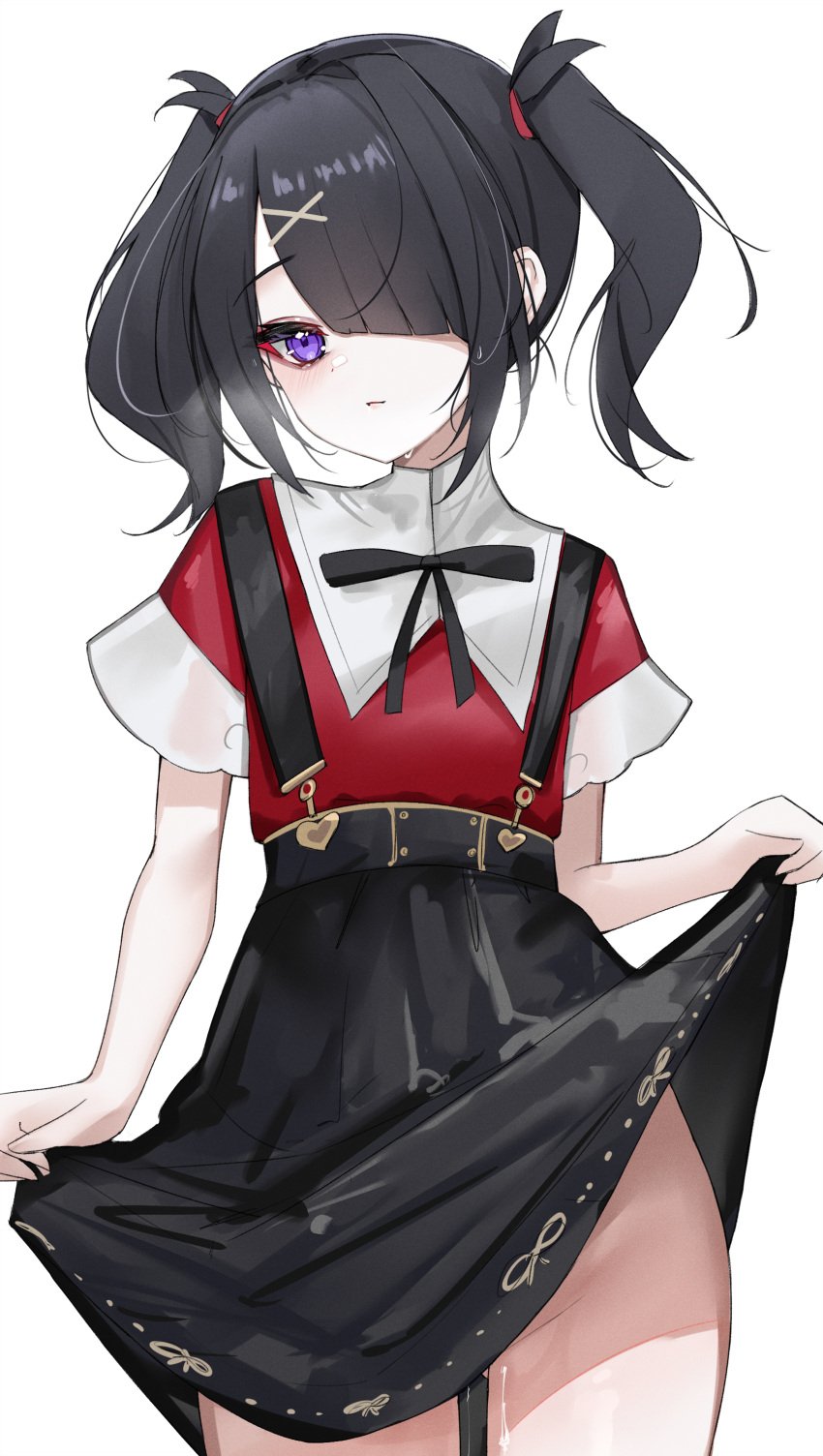 absurdres ame-chan black_hair black_ribbon black_skirt blunt_bangs blush breath closed_mouth clothes_lift collared_shirt commentary_request cowboy_shot female hair_ornament hair_over_one_eye hair_tie highres lifted_by_self light_smile looking_at_viewer neck_ribbon needy_girl_overdose needy_streamer_overload no_panties purple_eyes pussy_juice red_shirt ribbon rifufu shirt shirt_tucked_in simple_background skirt skirt_lift solo standing suspender_skirt suspenders sweatdrop twintails white_background x_hair_ornament