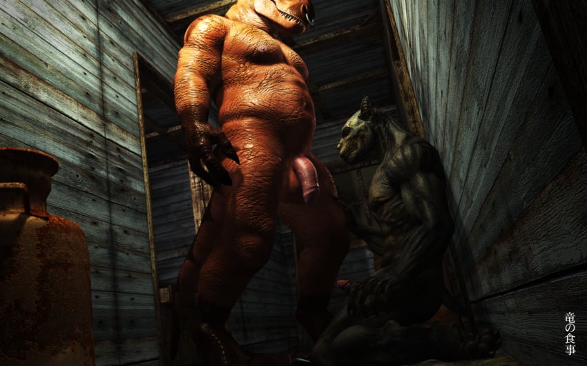 3d_(artwork) anthro blackmist333 digital_media_(artwork) dinosaur dragonfood duo flaccid foreskin genitals hi_res humanoid_genitalia humanoid_penis imminent_oral kneeling_oral_position male male/male musclegut muscular muscular_anthro muscular_male penis reptile scalie standing theropod tyrannosaurid tyrannosaurus tyrannosaurus_rex