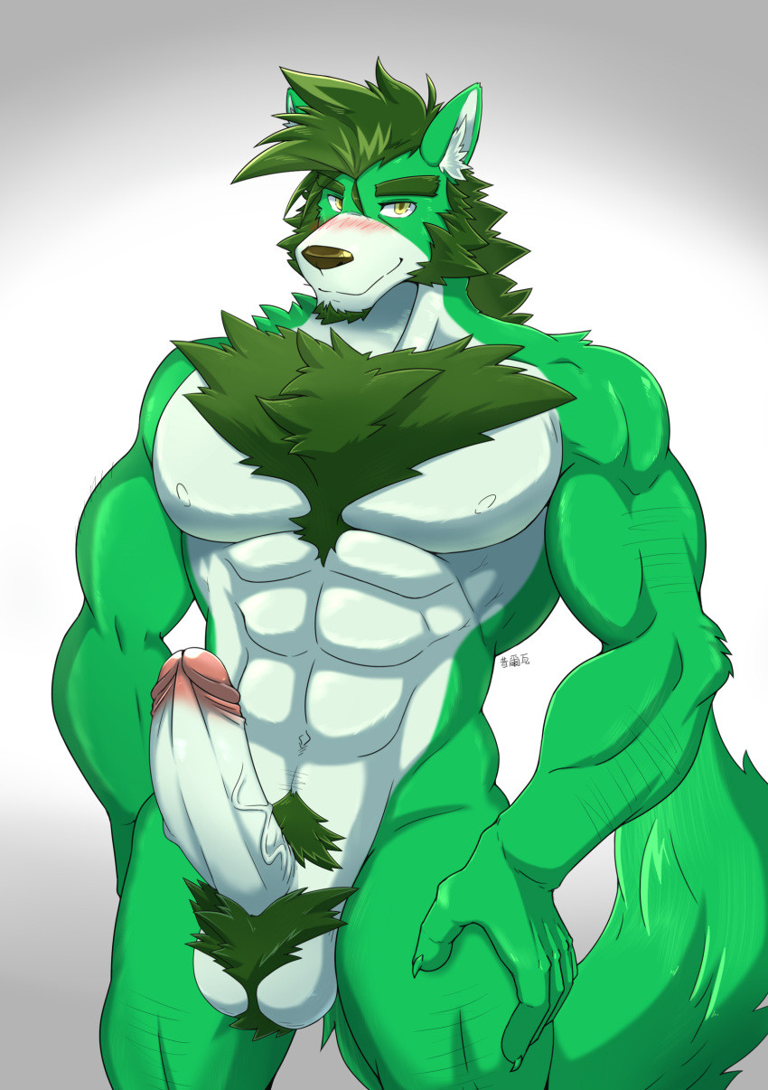 abs absurd_res anthro ball_tuft balls big_penis blush body_hair canid canine canis chest_hair erection fur genitals green_body green_fur hair hi_res humanoid_genitalia humanoid_penis looking_at_viewer male mammal muscular muscular_anthro muscular_male navel pecs penis pubes silvertain simple_background solo tuft wolf yellow_eyes