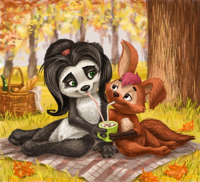 absurd_res anthro autumn bear beverage blizzard_entertainment candy cocoa_(drink) container cub cup dessert drinking drinking_straw drinking_straw_in_mouth duo female female/female feral food forest genitals giant_panda hareluca hi_res hybrid li_li_stormstout mammal marshmallow pandaren plant pussy tama-tama tree warcraft young