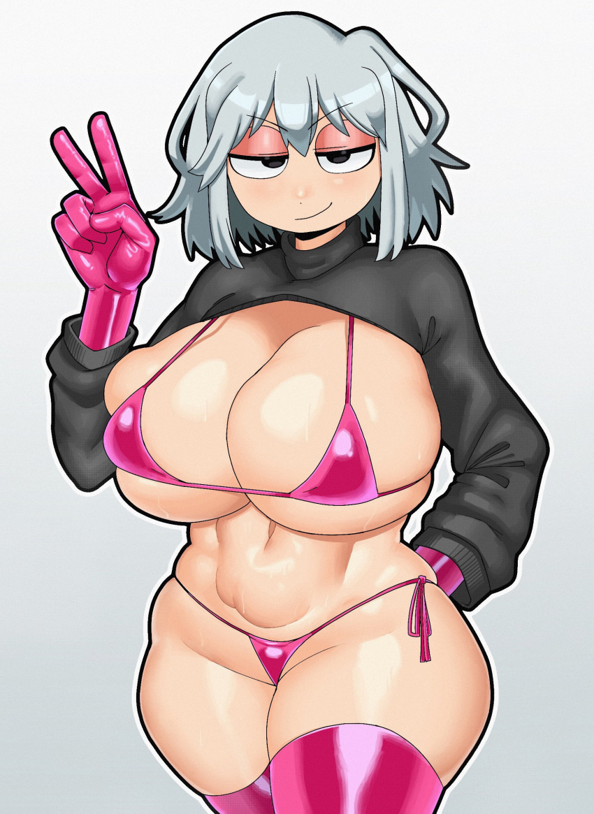 1girls arm_behind_back arm_up ash_(nagomami) bangs big_breasts big_thighs black_clothing black_eyes breasts clothing confident curvy curvy_figure elbow_gloves eyebrows eyelashes facing_viewer female front_view gigantic_breasts gigantic_thighs gloves grey_hair groin half-closed_eyes hand_up huge_ass huge_breasts huge_thighs latex latex_gloves legs legwear light-skinned_female light_blush light_skin long_sleeves looking_at_viewer nagomami navel original original_character peace_sign pink_bikini pink_gloves pink_thighhighs shiny_skin short_hair side-tie_bikini_bottom silver_hair smile smiling_at_viewer smirk solo standing sweat tagme thick_hips thick_legs thick_thighs thighhighs thighs thong thong_bikini toned_stomach topwear v voluptuous wide_hips