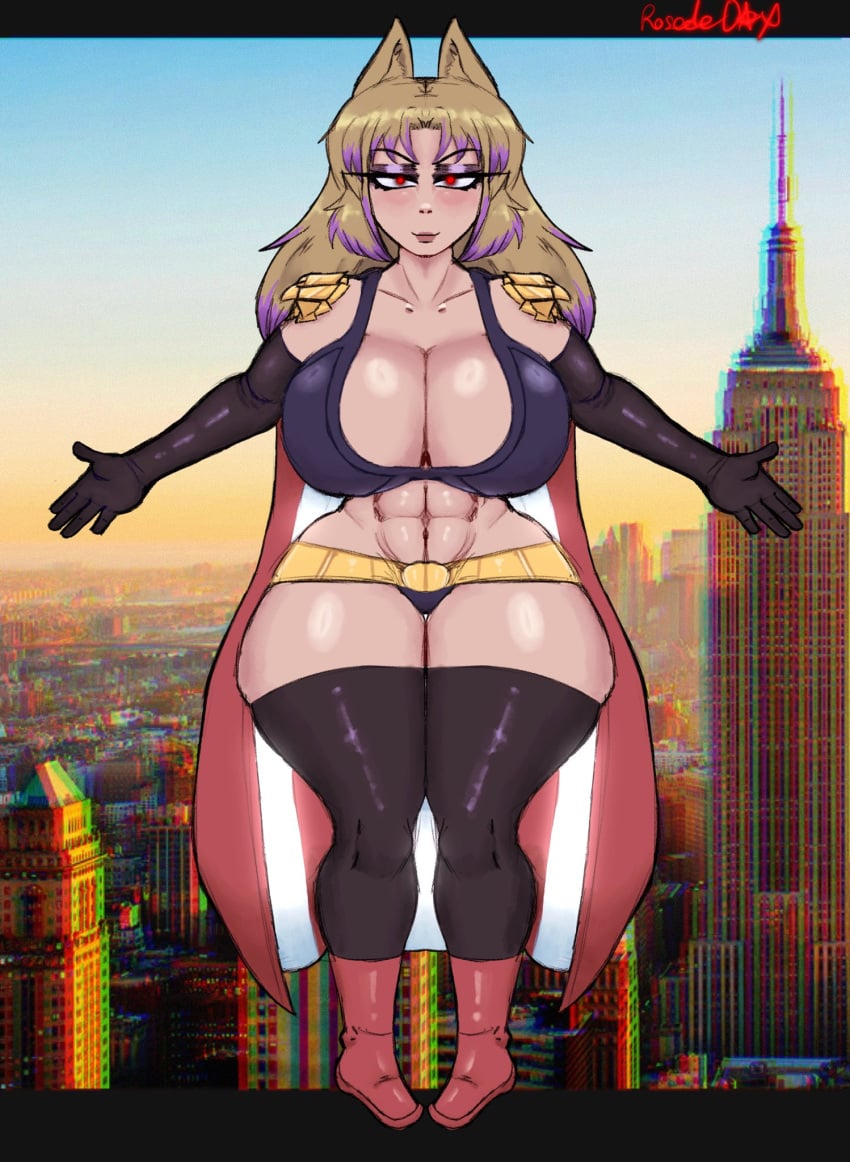 abs big_breasts city_background daxine_(character) female_homelander female_only flying homelander red_eyes rose_dax rosededax the_boys wide_hips