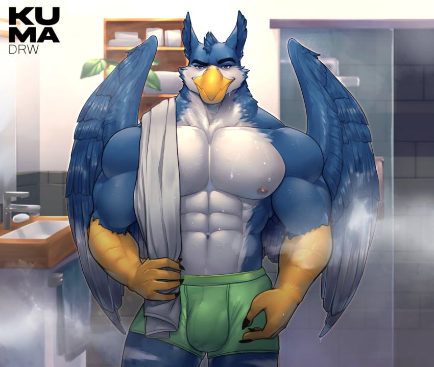 abs anthro artist_logo artist_name avian bathroom beak biceps biped bird blue_body blue_feathers bottomwear bulge claws clothing feathered_wings feathers genital_outline green_bottomwear green_clothing green_underwear hi_res holding_object holding_towel kumadrw logo looking_at_viewer male muscular muscular_anthro muscular_arms muscular_male navel nipples pecs penis_outline purple_eyes solo solo_focus standing steam towel towel_on_shoulder triceps tuft underwear white_body wings yellow_beak