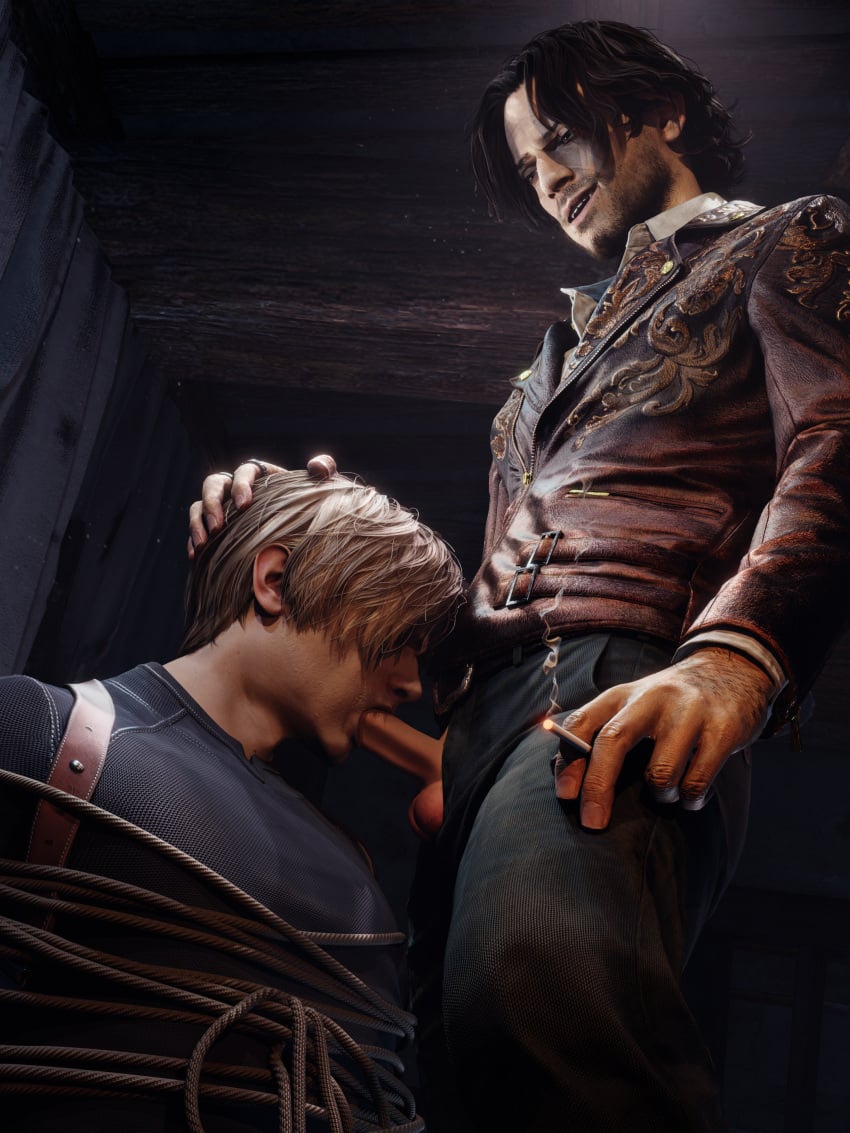 blowjob cigarette czad0ra gay human leon_scott_kennedy luis luis_sera male/male male_only resident_evil resident_evil_4 resident_evil_4_remake rope tied_to_chair