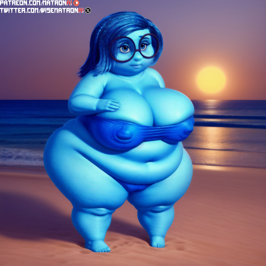 1girls 4k ai_generated bbw beach big_breasts bikini blue_body blue_hair breasts disney fat female female_only glasses highres hips inside_out inside_out_2 large_breasts matronai_(artist) nipple_bulge nipples obese obese_female overweight overweight_female patreon_username pinup pixar sadness_(inside_out) solo solo_female solo_focus ssbbw stable_diffusion sunset swimsuit swimwear thick_thighs thighs twitter_username wide_hips