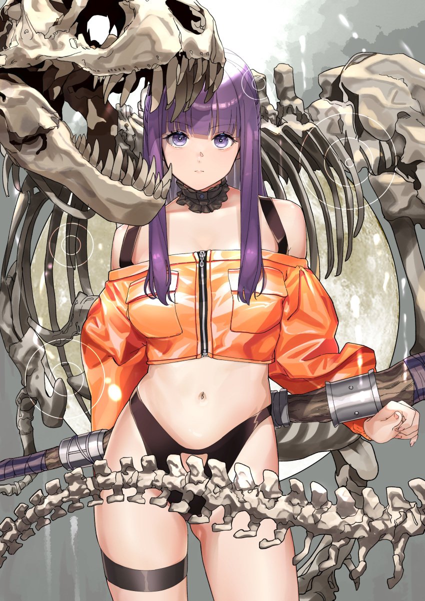 absurdres alternate_costume animal_skeleton bikini bikini_under_clothes black_collar blunt_bangs bone breast_pocket closed_mouth collar commentary_request detached_collar female fern_(sousou_no_frieren) frilled_collar frills highleg highleg_bikini highres holding holding_staff jacket long_hair long_sleeves looking_at_viewer mage_staff midriff navel off-shoulder_jacket off_shoulder orange_jacket oshiri_seijin pocket purple_eyes purple_hair sidelocks simple_background skeleton solo sousou_no_frieren sports_bikini staff straight_hair swimsuit thigh_strap undead zipper_pull_tab