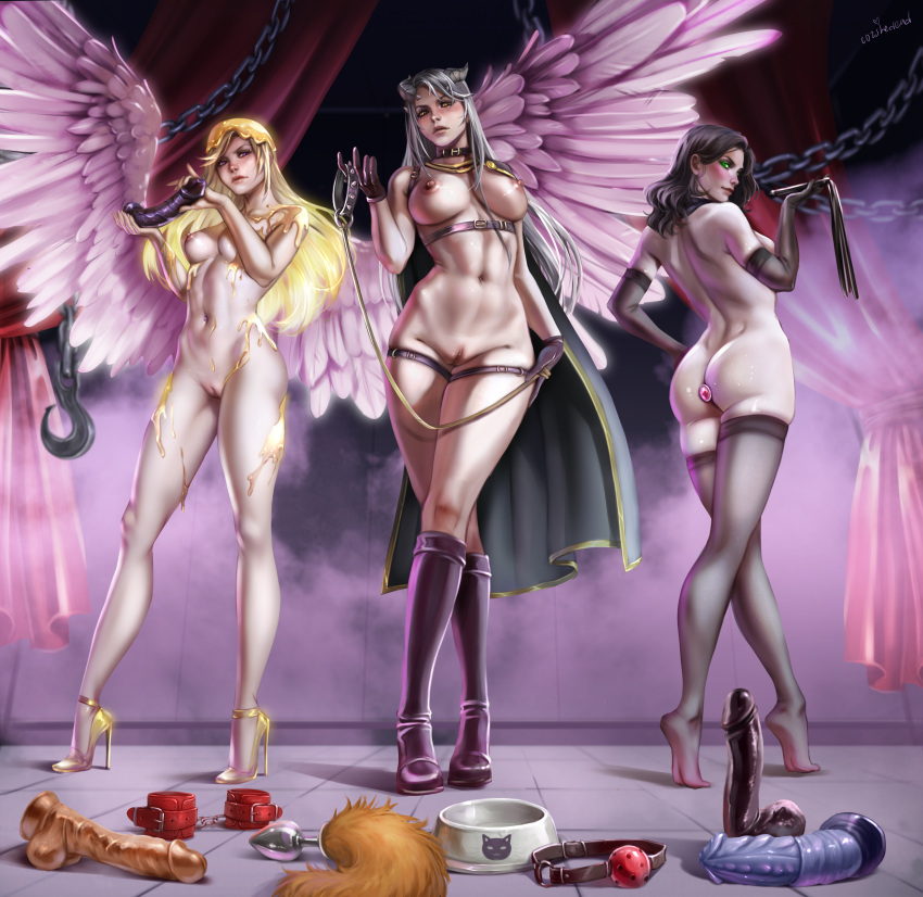 3girls anal angel angel_wings ball_gag blonde_hair boots breasts buttplug buttplug_in_ass buttplug_tail cape cozshedead cuffs dildo dragon_girl female female_only high_heels horns jewel_buttplug multiple_girls pet_bowl pet_collar pussy silver_hair stockings whip