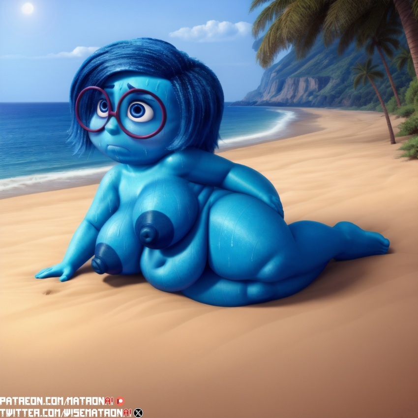 1girls 4k ai_generated bbw beach big_breasts blue_body blue_hair breasts disney fat female female_only glasses highres hips inside_out inside_out_2 large_breasts matronai_(artist) nipples nude nude_female obese obese_female overweight overweight_female patreon_username pinup pixar sadness_(inside_out) solo solo_female solo_focus ssbbw stable_diffusion sweat thick_thighs thighs twitter_username wide_hips