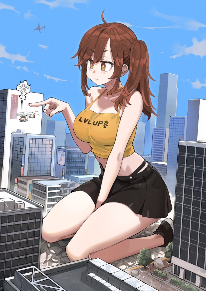 airplane anime_style black_pants breasts brown_eyes brown_hair building city cityscape cloud day daytime debris destruction fingers giantess hands helicopter level_up macrophilia navigavi pointing shoes side_ponytail sitting skirt skyscraper twitter yellow_shirt