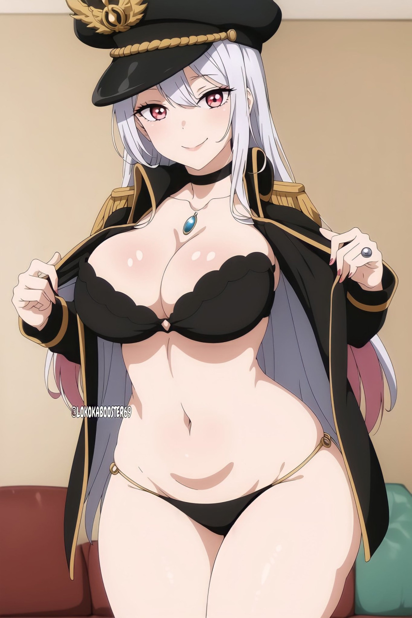 1girls ai_generated belly belly_button big_breasts black_bra black_lobelia_(cosplay) black_panties blush blush_lines blushing_at_viewer bra breasts female female_focus female_only grey_hair kitagawa_marin lokokabooster69 looking_at_viewer military_hat panties smile smiling_at_viewer sole_female sono_bisque_doll_wa_koi_wo_suru voluptuous voluptuous_female