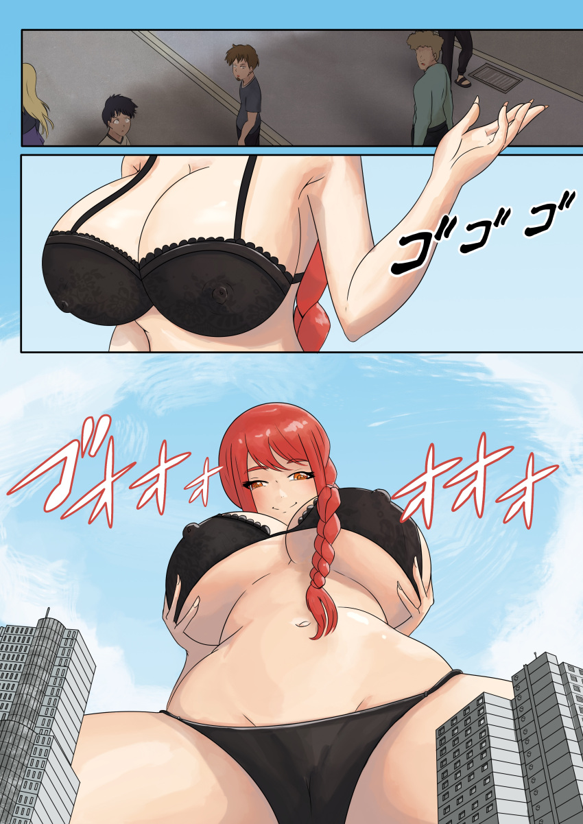 anime_style bea_everything big_breasts bikini black_bra bra breasts chainsaw_man city cityscape cloud comic day daytime destruction from_below giantess gigantic_breasts holding_breast low_angle macrophilia makima_(chainsaw_man) manga panties perspective pixiv ponytail pov rampage red_hair shadow sky skyscraper street text tiny_person