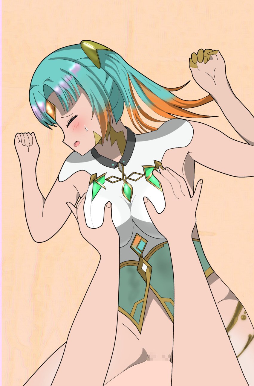 1boy 1girls aqua_hair bare_arms bare_thighs blue_hair blush bottomless breast_grab breasts censored closed_eyes double_breast_grab female female_focus fire_emblem fire_emblem_heroes green_hair groping heidr_(fire_emblem) male male_pov medium_breasts molestation multicolored_hair nail_polish nintendo on_back open_mouth pov pussy rapist_pov sex short_hair sideboob sleep_molestation sleeping solo_focus thighs twintails vaginal_penetration yellow_nails yofeld2358