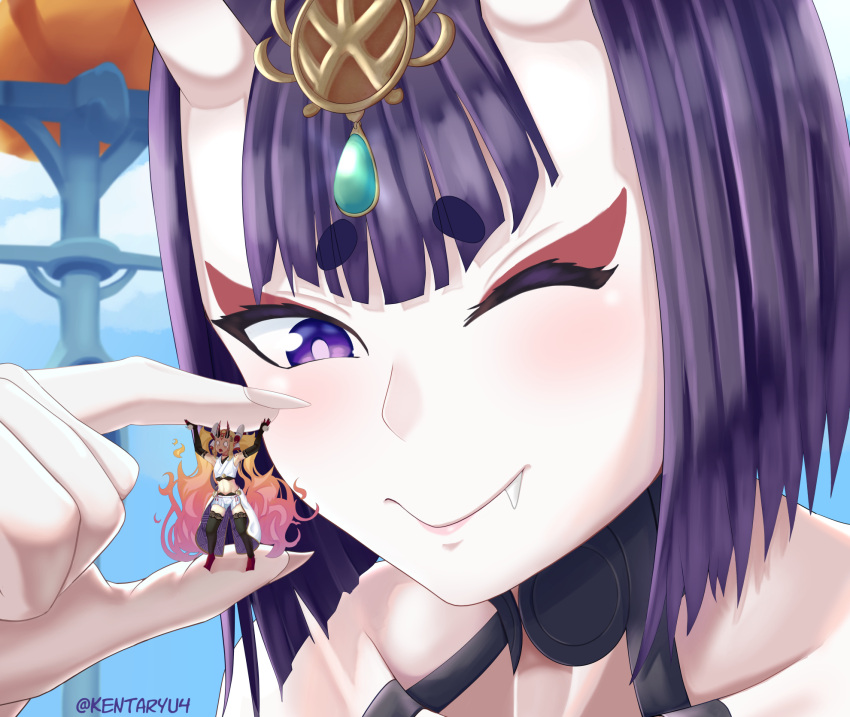 accessory anime_style black_shirt close-up crown day daytime digital_art digital_drawing_(artwork) eyebrows eyes fingers giantess hands holding horns ibaraki_douji_(fate) long_hair macrophilia makeup one_eye_closed pixiv purple_eyes purple_hair shrunk shrunken shuten_douji_(fate) shuten_douji_(fate/grand_order) teeth tiny_person